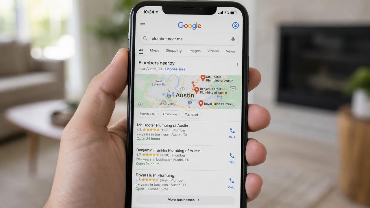 Homeowner holding a smartphone showing a Google search for 'plumber near me' with the local Map Pack results and star ratings